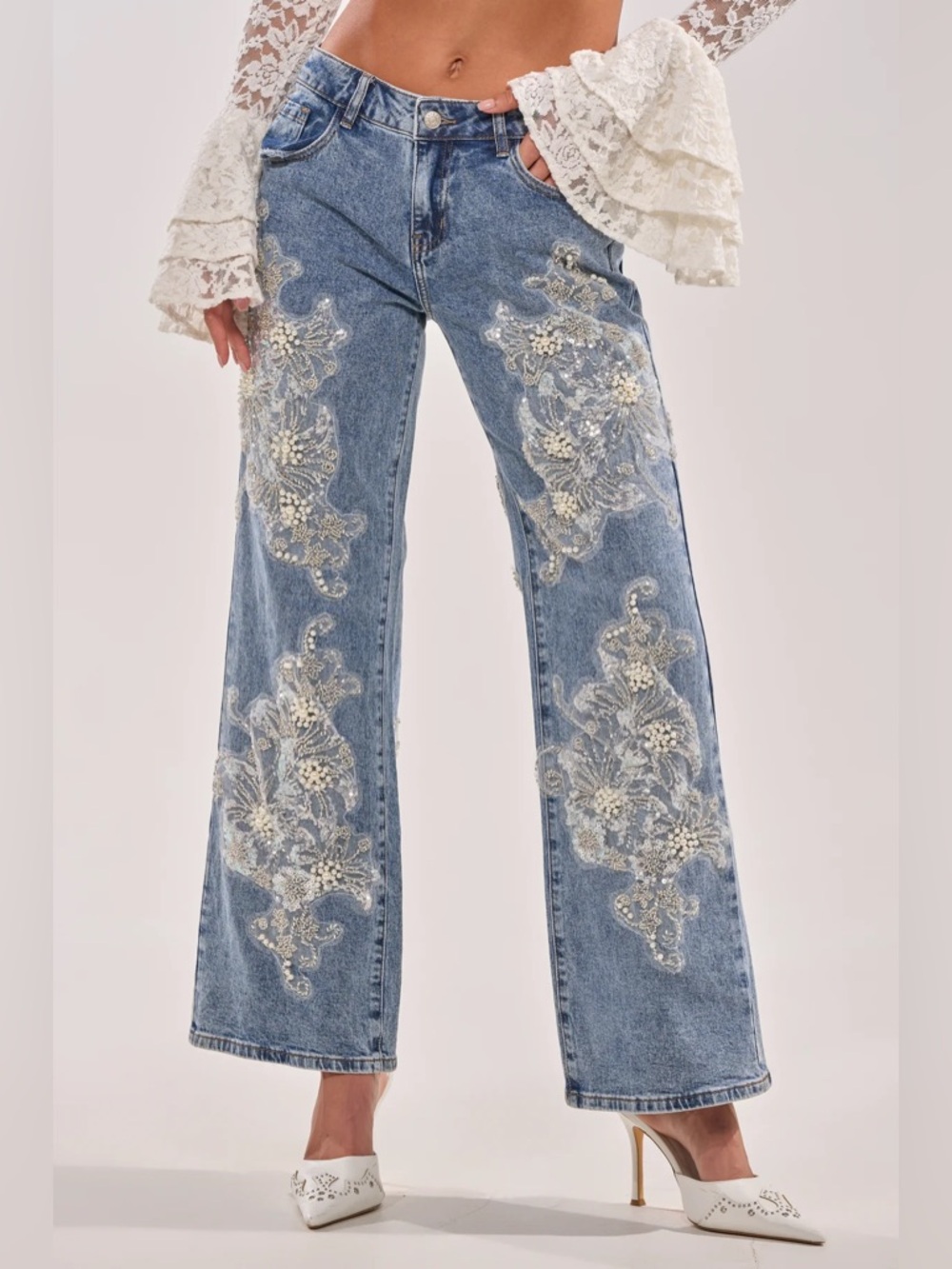 Akira Billionaire Belle Rhinestone and Pearl Embellished Jeans Denim